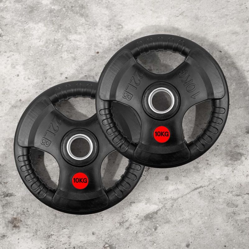 Tri Grip Weight Plate 10 KG bovenaanzicht set van 2 op vloer